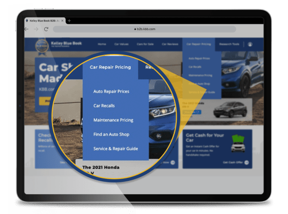 KBB.com Car Repair Pricing section website menu