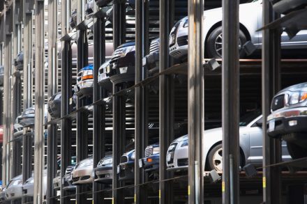 new vehicles in storage rack